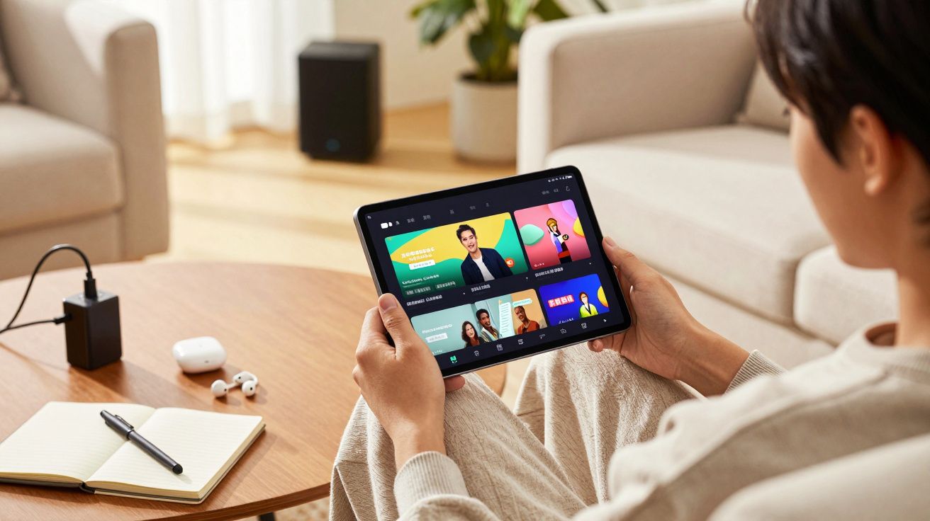 Pessoa a ver vídeos num tablet em casa, com caderno, caneta e auriculares sobre a mesa de madeira.