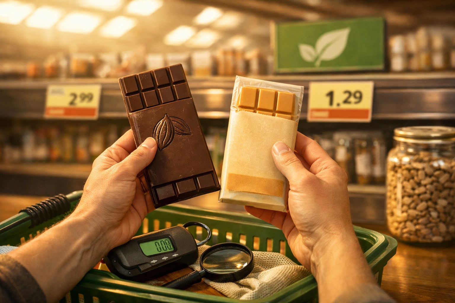 Pessoa a comparar barras de chocolate preto e branco num supermercado. Carrinho de compras ao fundo.
