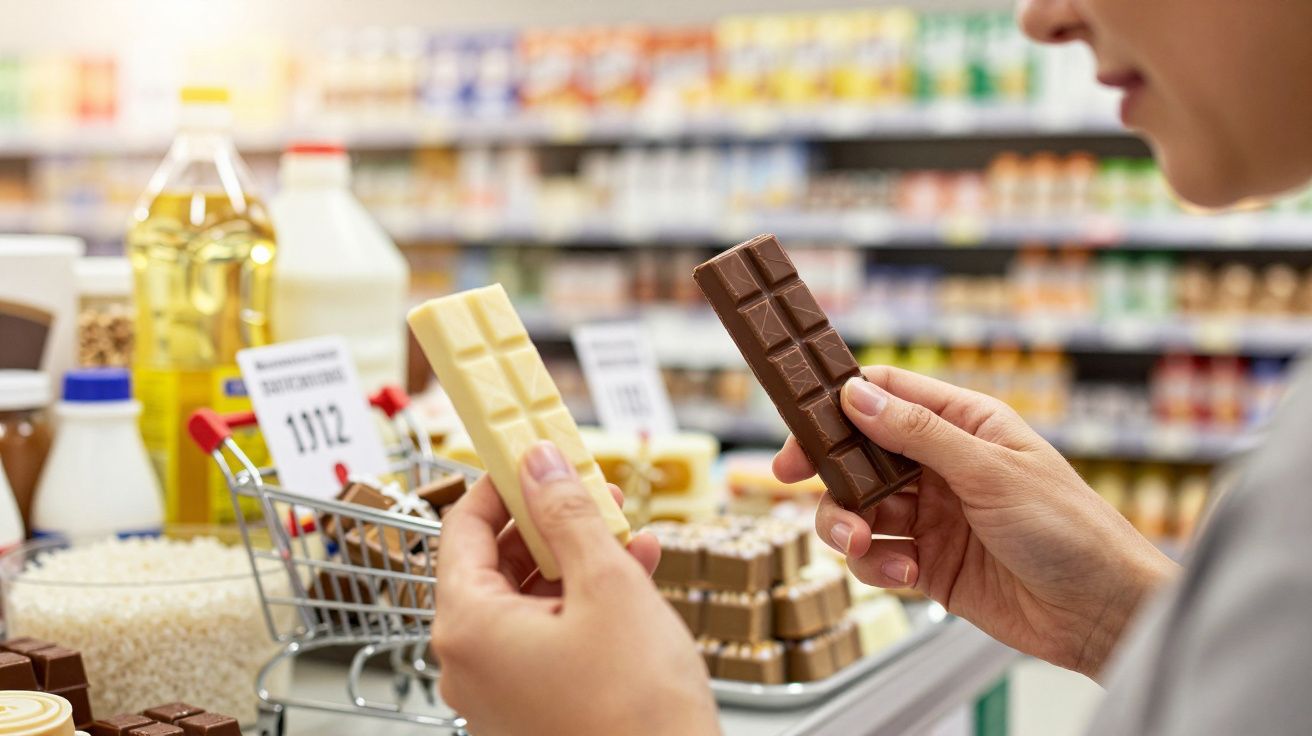 Pessoa a segurar barras de chocolate branco e negro em loja de supermercado, com carrinho de compras e produtos no fundo.