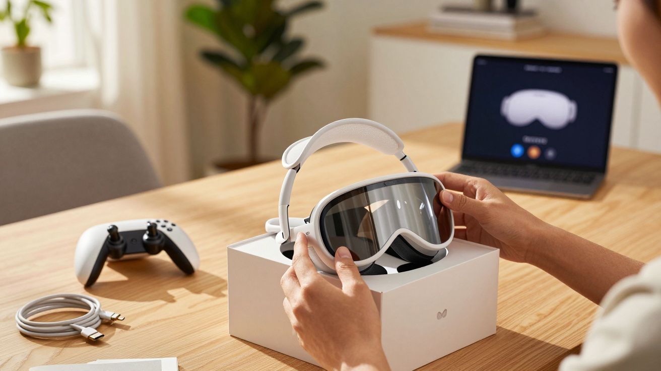 Pessoa a segurar uns óculos de realidade virtual numa mesa, ao lado de um comando e um cabo, com portátil ao fundo.