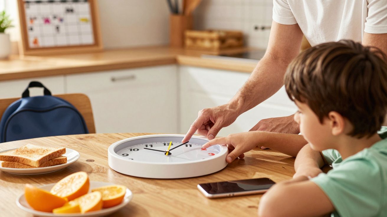 Homem e criança apontam para relógio de parede sobre a mesa, com pão, laranjas e telemóvel na cozinha.