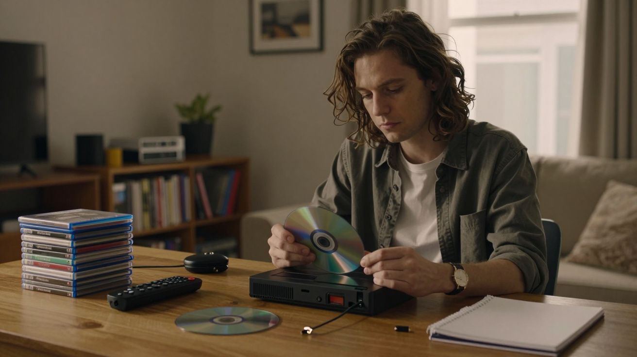 Homem sentado à mesa, a inserir um disco em leitor, com pilha de DVDs ao lado. Sala com sofá e prateleiras ao fundo.