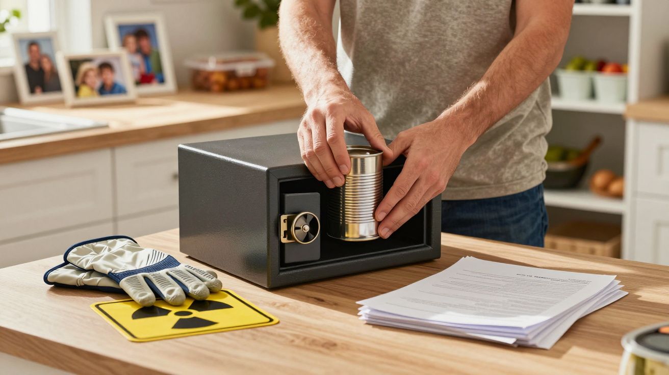 Homem a guardar uma lata num cofre numa cozinha, com luvas de proteção e sinal de perigo na bancada.