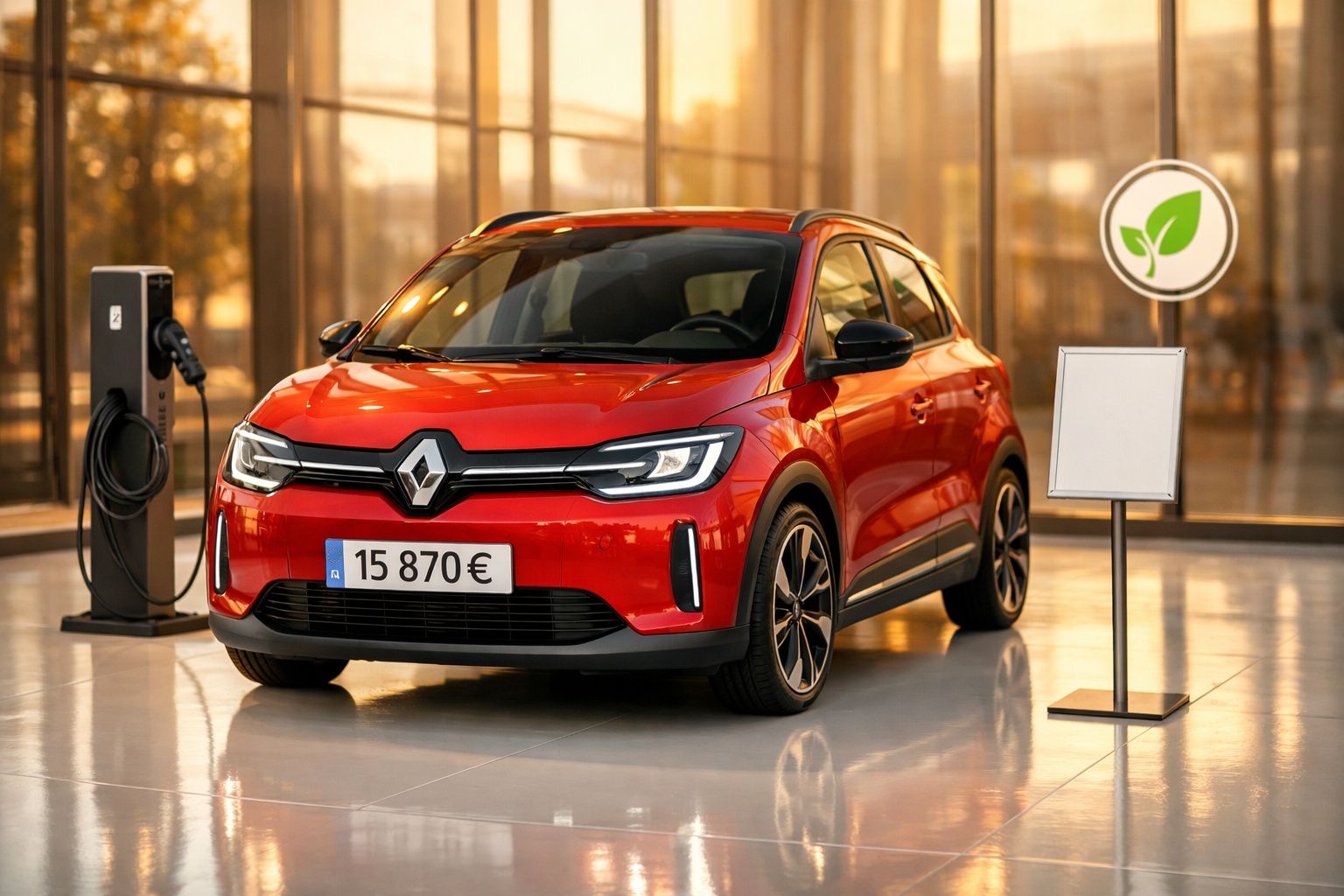 Carro elétrico Renault verde claro em exibição num showroom, com preço de 15 870€ na matrícula.