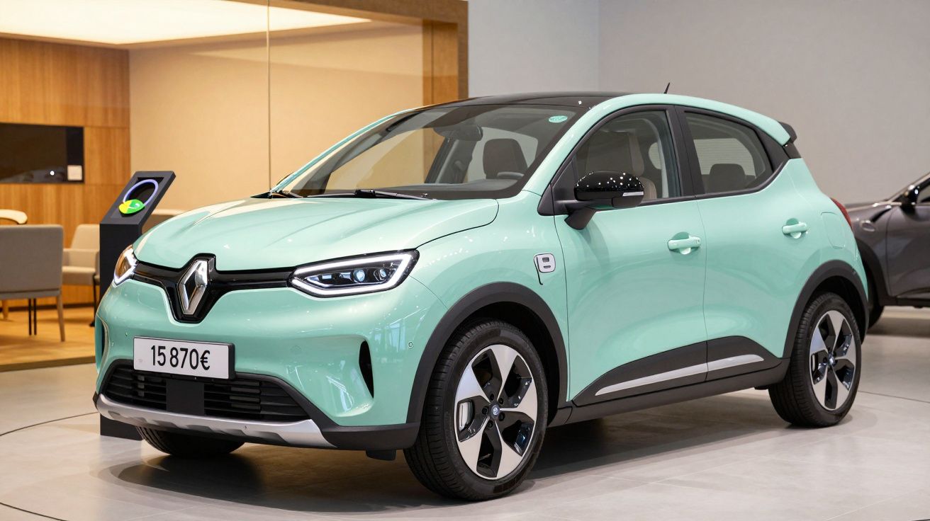 Carro elétrico Renault verde-menta em exposição numa sala de showroom, com preço de 15.870€.