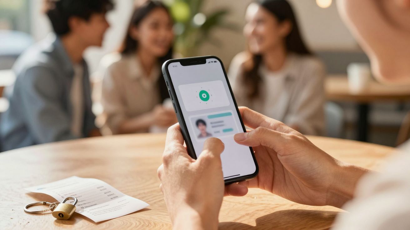 Pessoa a usar um smartphone com uma aplicação aberta, mesa de café ao fundo com três pessoas desfocadas a conversar.