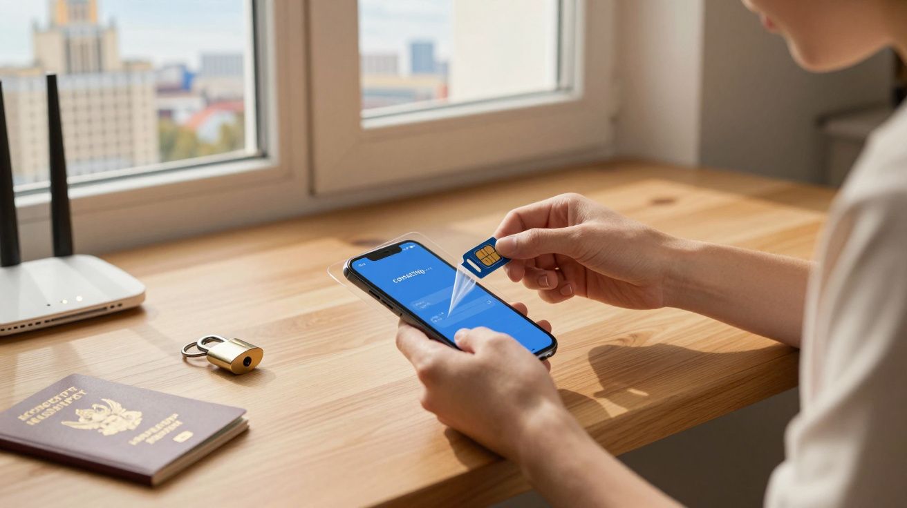 Pessoa a inserir cartão SIM num smartphone, com passaporte e cadeado em mesa junto a janela.