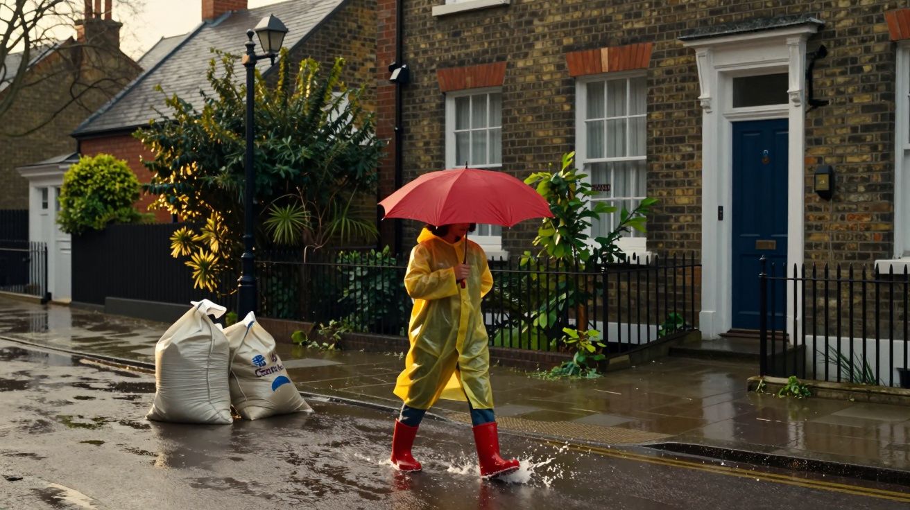 Pessoa com guarda-chuva vermelho caminha na chuva numa rua, vestindo impermeável amarelo e botas vermelhas.