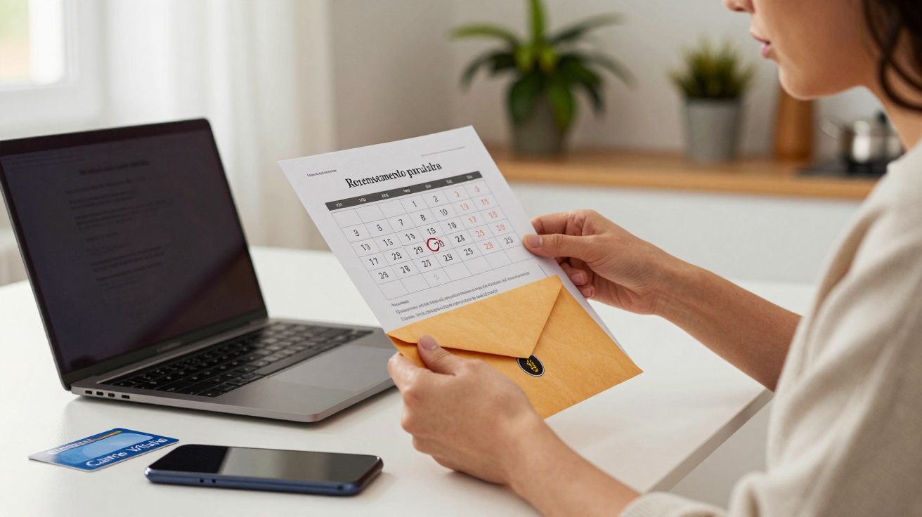 Mulher segura carta com calendário; computador portátil, telemóvel e cartão na mesa.