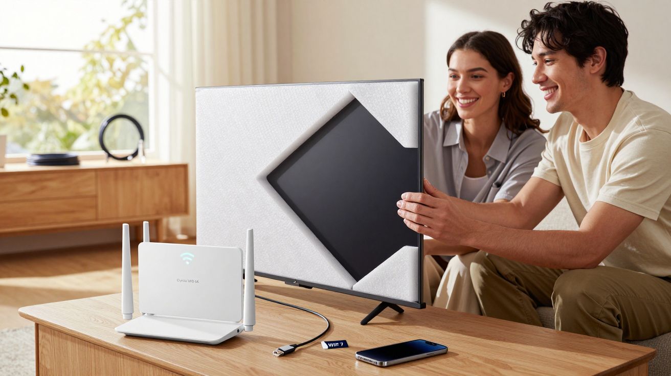 Casal a instalar um ecrã de TV em casa, com um router e smartphone na mesa de madeira em primeiro plano.