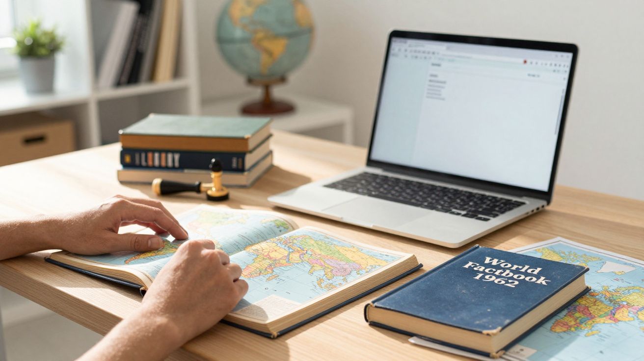 Pessoa consulta atlas e livros, com portátil aberto e globo terrestre ao fundo em mesa de madeira.