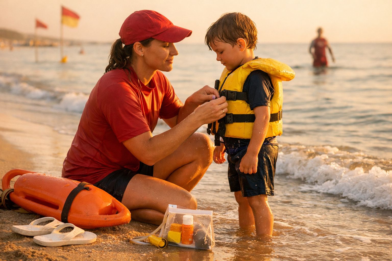 Salva-vidas coloca colete salva-vidas numa criança na praia ao pôr do sol, com mar ao fundo.