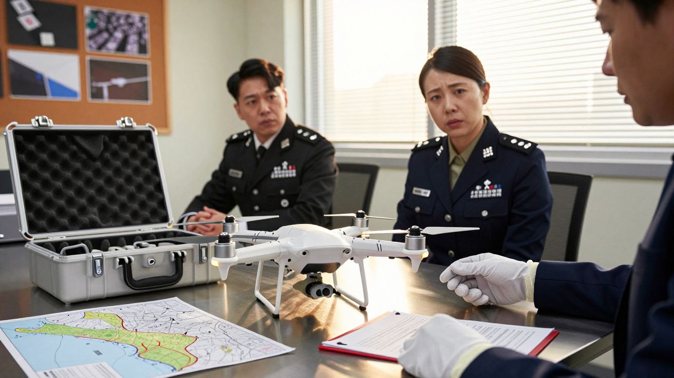 Oficiais analisam drone em reunião, com mapa e documentos na mesa.