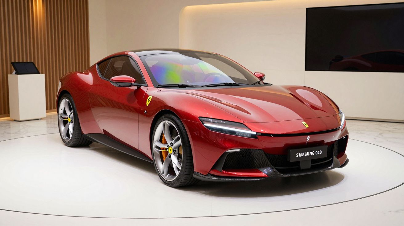 Carro desportivo vermelho em exposição, com design aerodinâmico e jantes prateadas, num showroom moderno.
