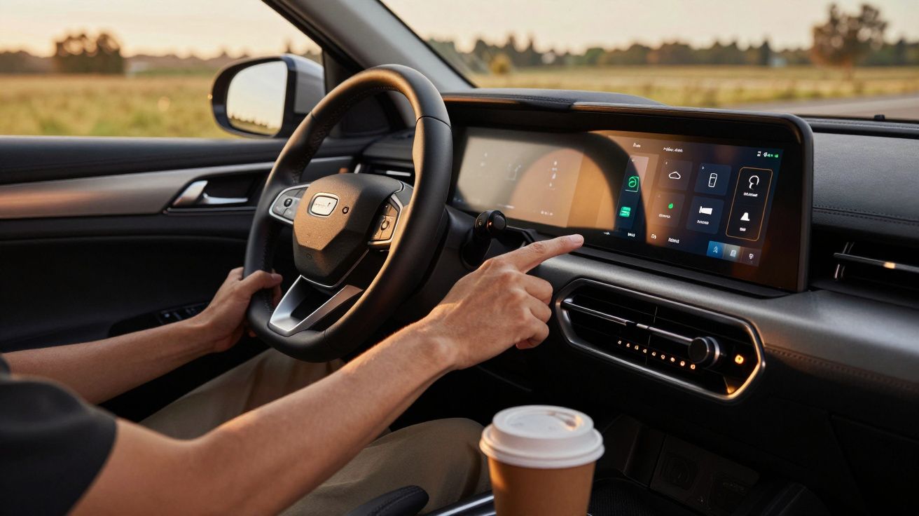 Pessoa usa ecrã tátil do carro enquanto conduz; café no suporte do lado direito.