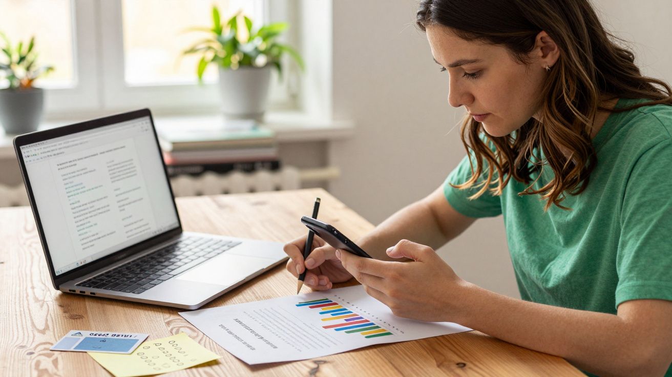 Mulher analisando gráfico em papel, consultando smartphone e laptop numa mesa com plantas ao fundo.