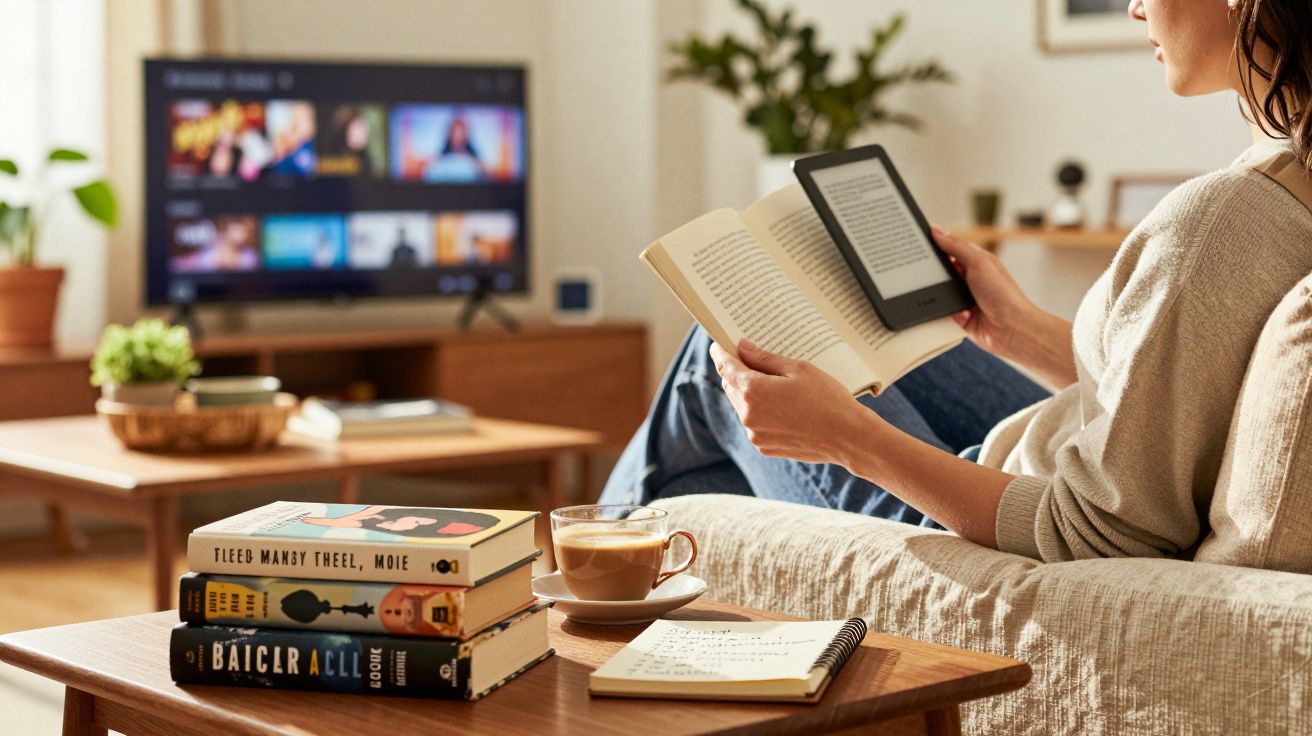 Pessoa sentada num sofá a ler um livro com um tablet. Televisão ligada ao fundo. Mesa com livros e café à frente.