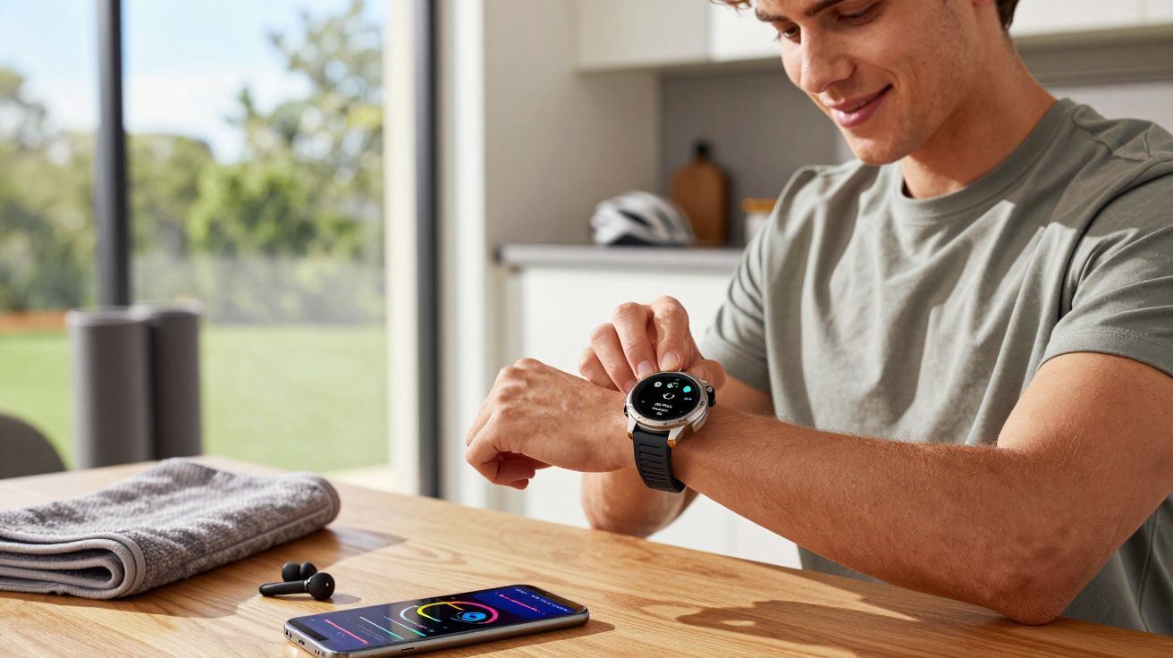 Homem ajusta relógio inteligente no pulso, com smartphone e auscultadores sobre a mesa ao lado de uma toalha cinza.