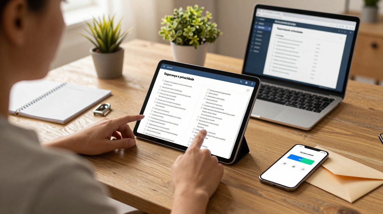 Pessoa usando um tablet numa secretária, com um portátil aberto e um smartphone ao lado.