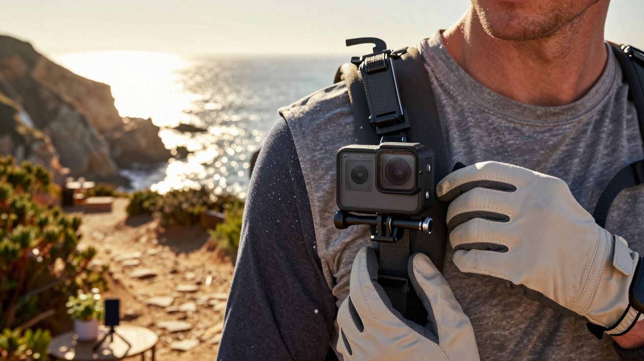 Homem com luvas ajusta câmara presa à mochila, fundo com penhasco e mar ao sol.