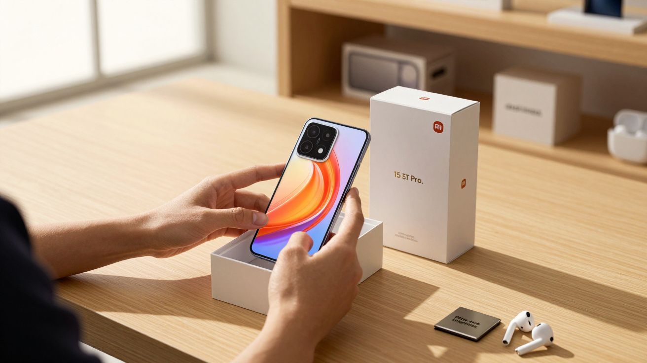 Pessoa a segurar um smartphone recém-tirado da caixa, com auriculares e caixa ao fundo sobre uma mesa de madeira.