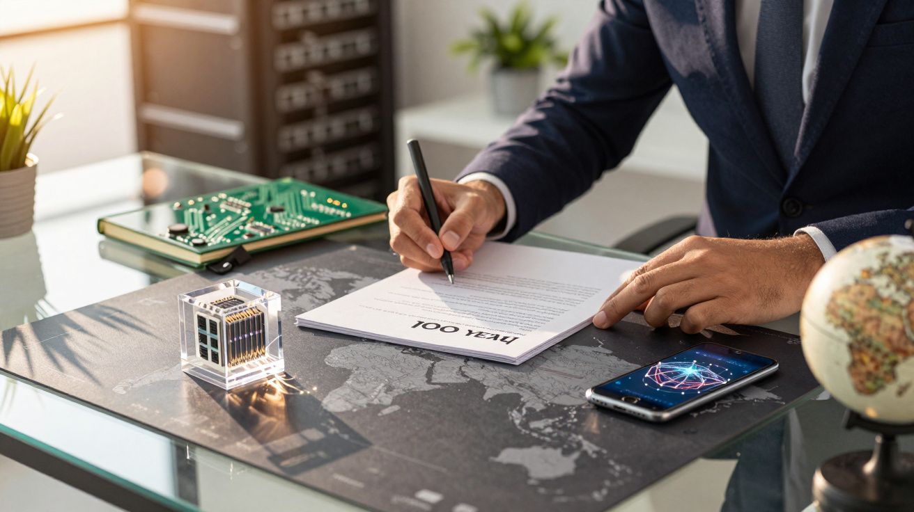 Homem de fato assinando documento sobre mapa-múndi, com telemóvel, globo, circuito eletrónico e cubo de luz na mesa.