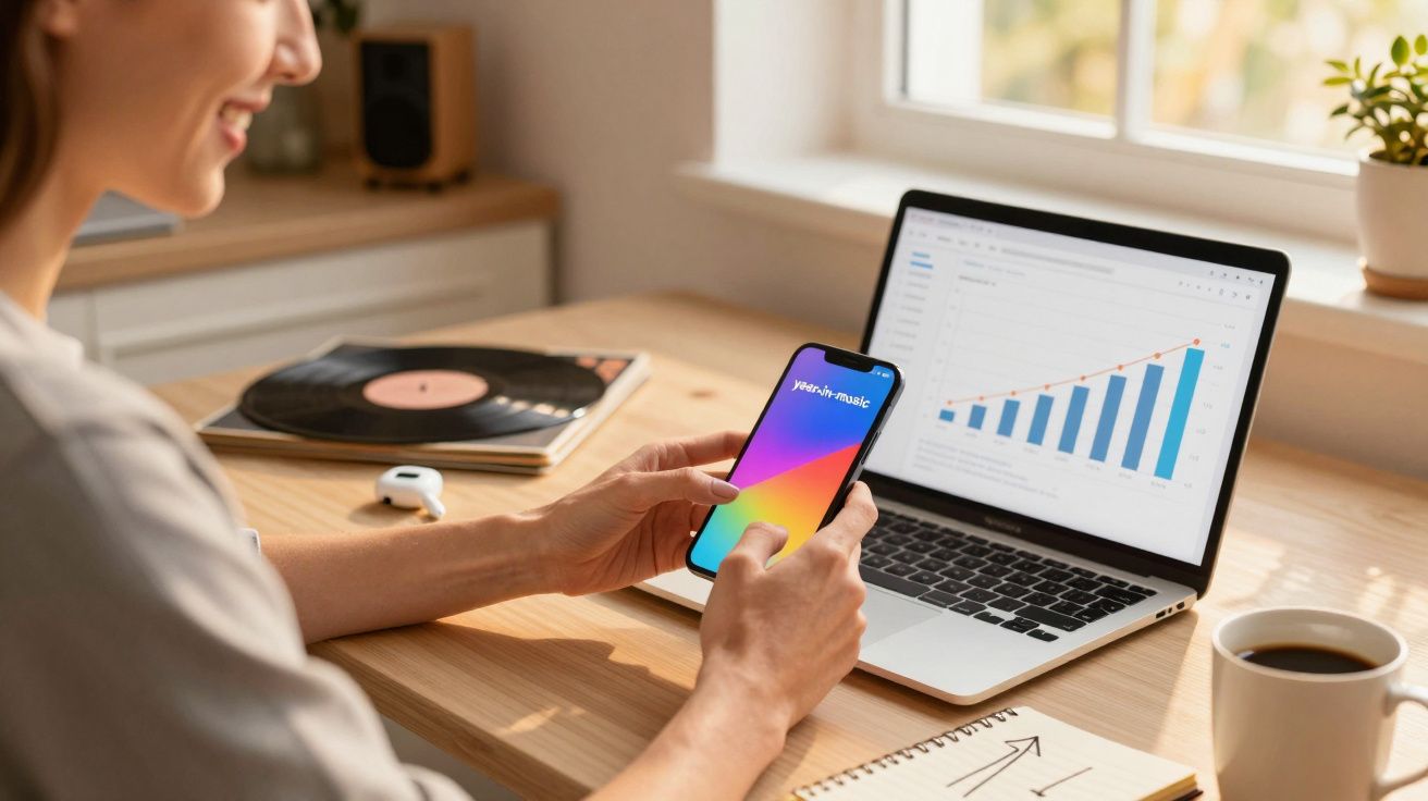 Mulher a segurar smartphone colorido, com gráfico em portátil, chávena e disco de vinil sobre a mesa.