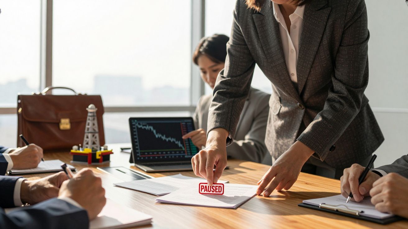 Reunião de negócios com pessoas em fato, diapositivo com gráfico e carimbo "PAUSED" num documento.