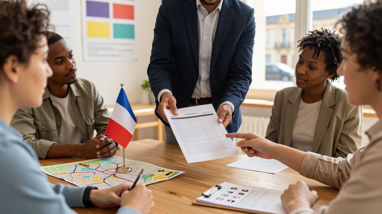 Grupo de quatro pessoas em reunião, analisando mapa e documentos, com bandeira francesa na mesa.