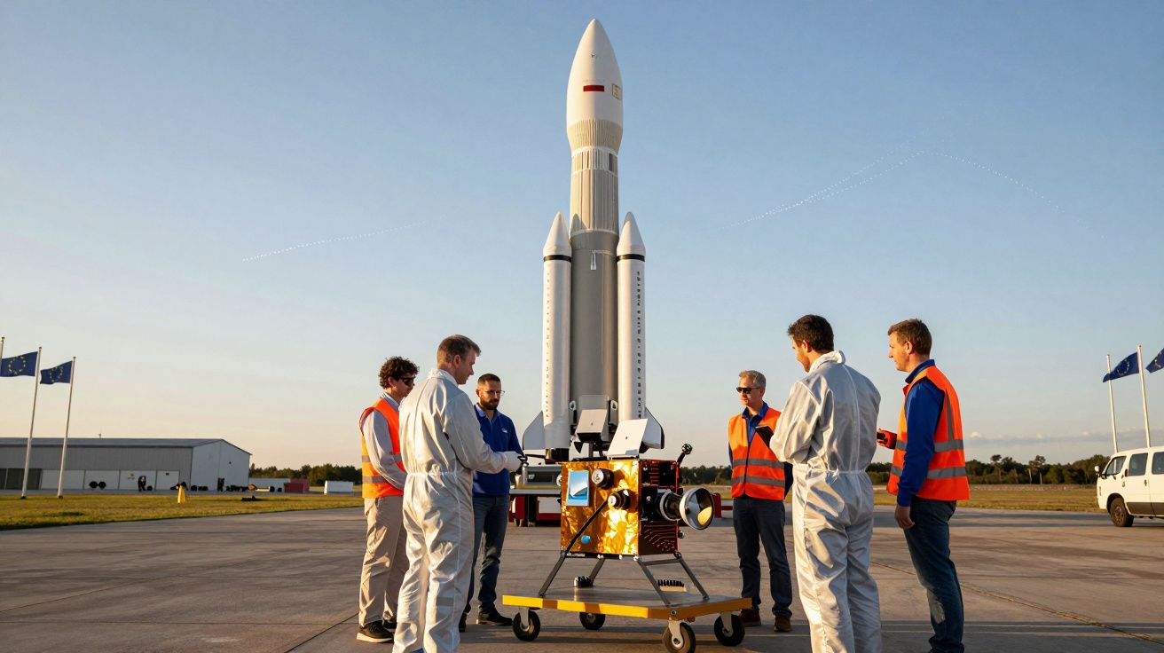 Sete pessoas em volta de um modelo grande de foguetão ao ar livre, no centro de uma pista com bandeiras da UE ao fundo.