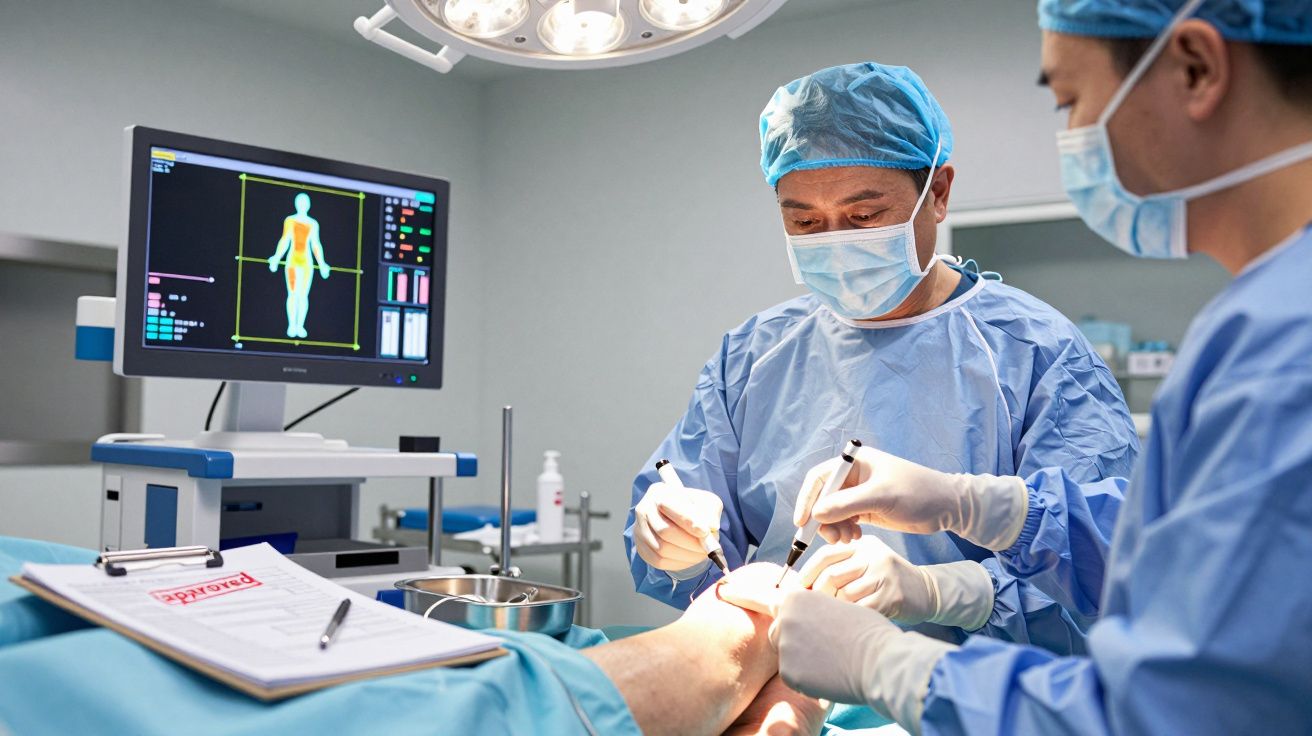 Dois cirurgiões operam um paciente numa sala de cirurgia, com monitor de imagem ao fundo.