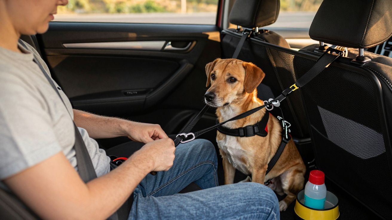 Homem prende cinto de segurança em cão castanho no banco traseiro do carro.