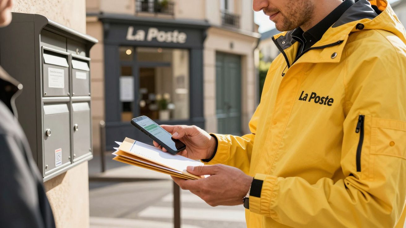 Carteiro em casaco amarelo verifica cartas usando um smartphone em frente a uma estação de correios.