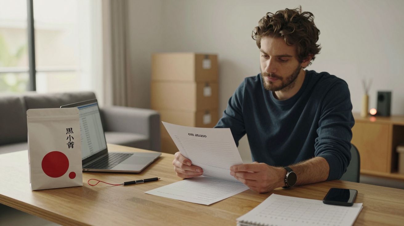 Homem lendo documentos numa mesa, com portátil, caderno e telemóvel. Caixas ao fundo e luz natural abundante.