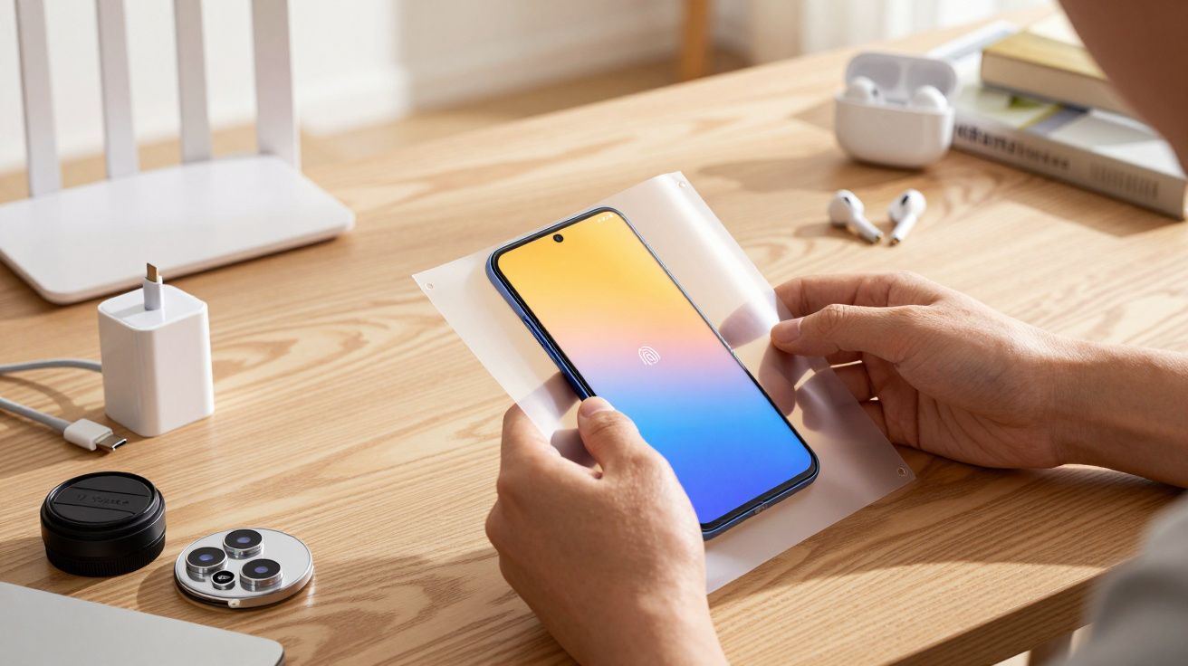 Pessoa aplica película protetora em smartphone sobre mesa de madeira, com carregador e auriculares ao fundo.