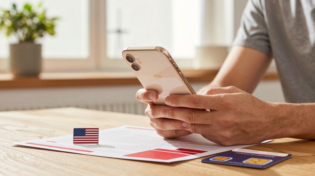 Pessoa segura um telemóvel sobre documentos com bandeira dos EUA em cima de uma mesa.
