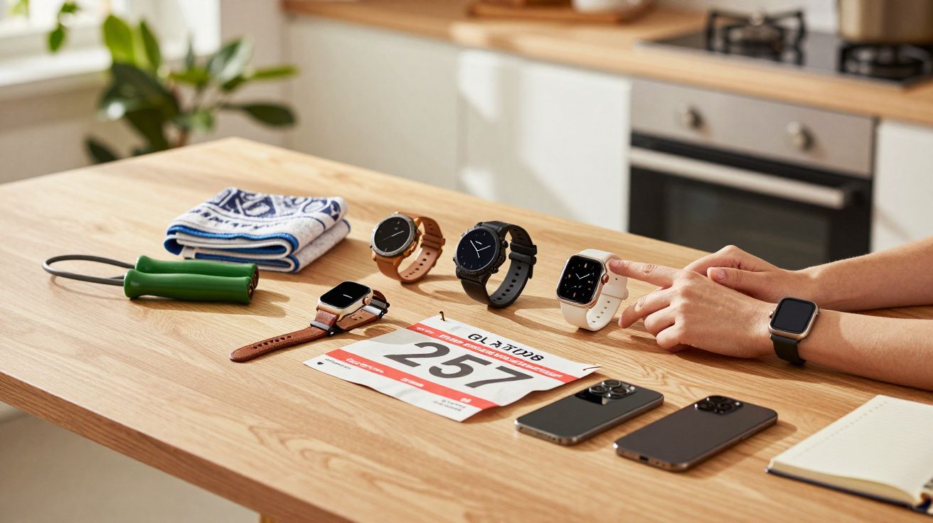 Relógios inteligentes em cima de uma mesa de madeira com fita de saltar, toalha, telemóveis e um dorsal desportivo número 257