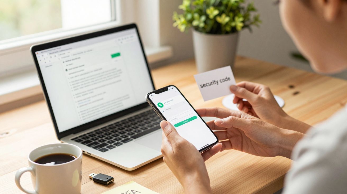 Pessoa usando telemóvel para autenticação à frente de portátil, segurando um cartão com "security code".