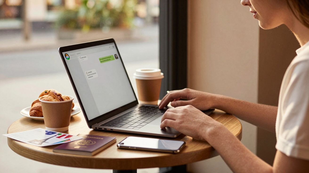 Pessoa a usar um portátil numa mesa de café com smartphone, passaporte, croissants e café.