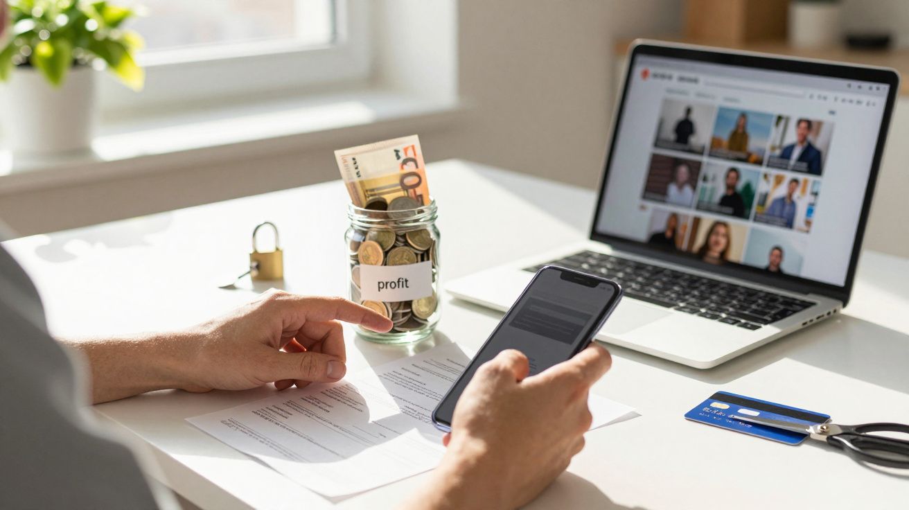 Mesa com jarro de moedas, notas de 50 euros, telemóvel e computador portátil aberto em videoconferência.