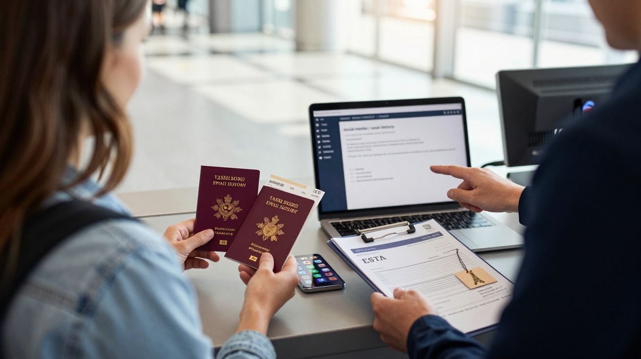 Pessoa mostra passaportes e documentos a um funcionário com computador num balcão de aeroporto.