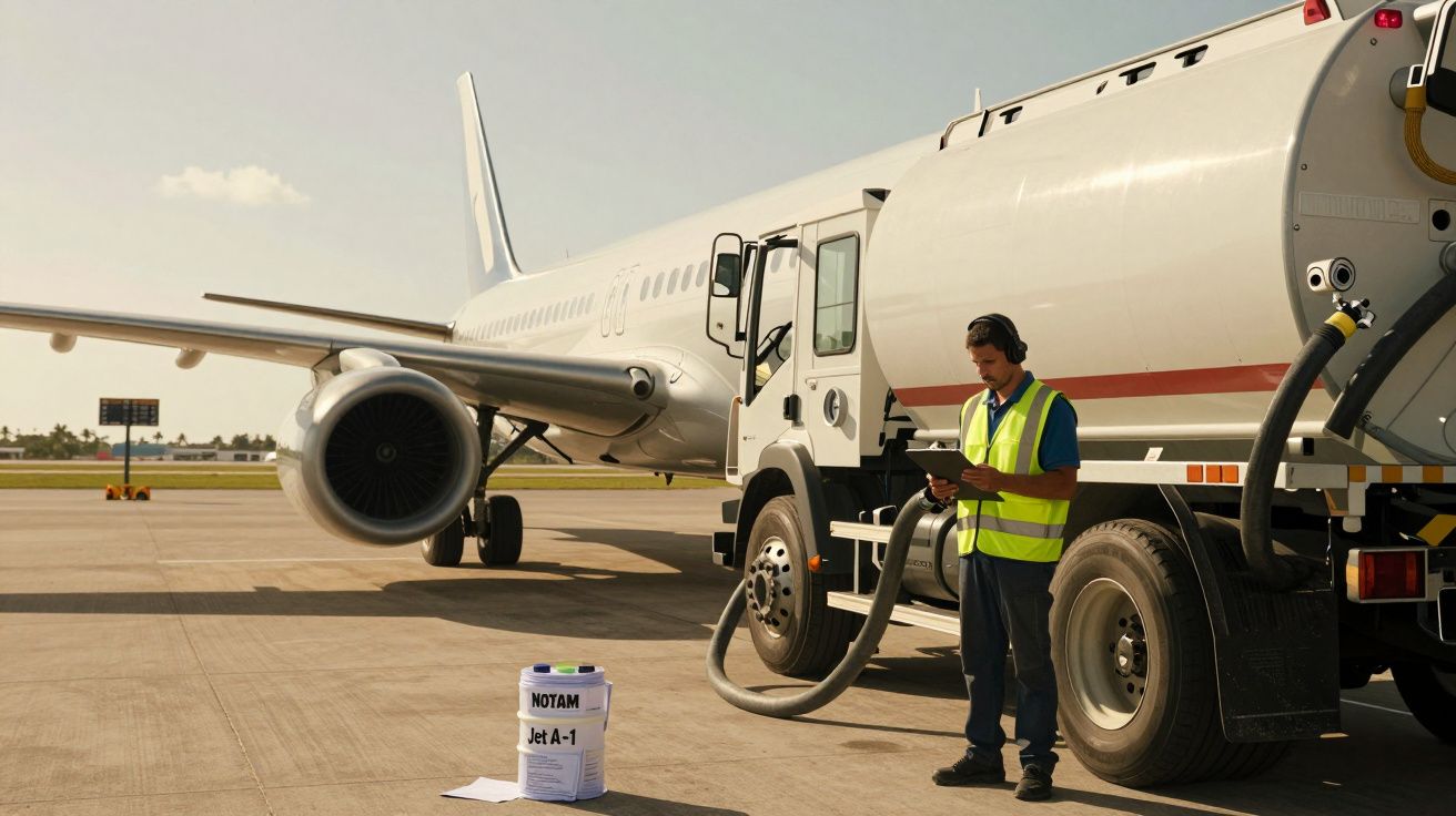Homem reabastece avião com um camião de combustível no aeroporto em dia ensolarado.