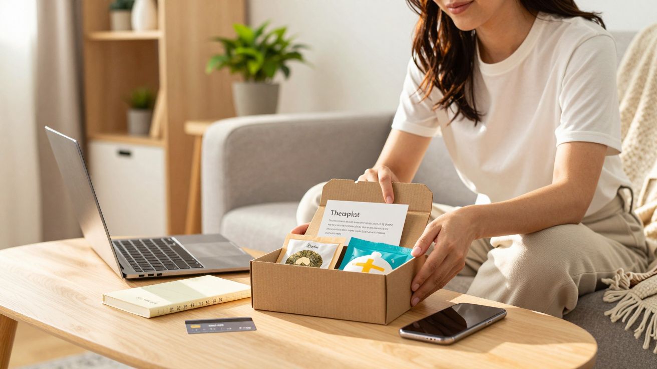 Mulher a abrir caixa de cuidados pessoais em mesa de madeira, com portátil e telemóvel ao lado.
