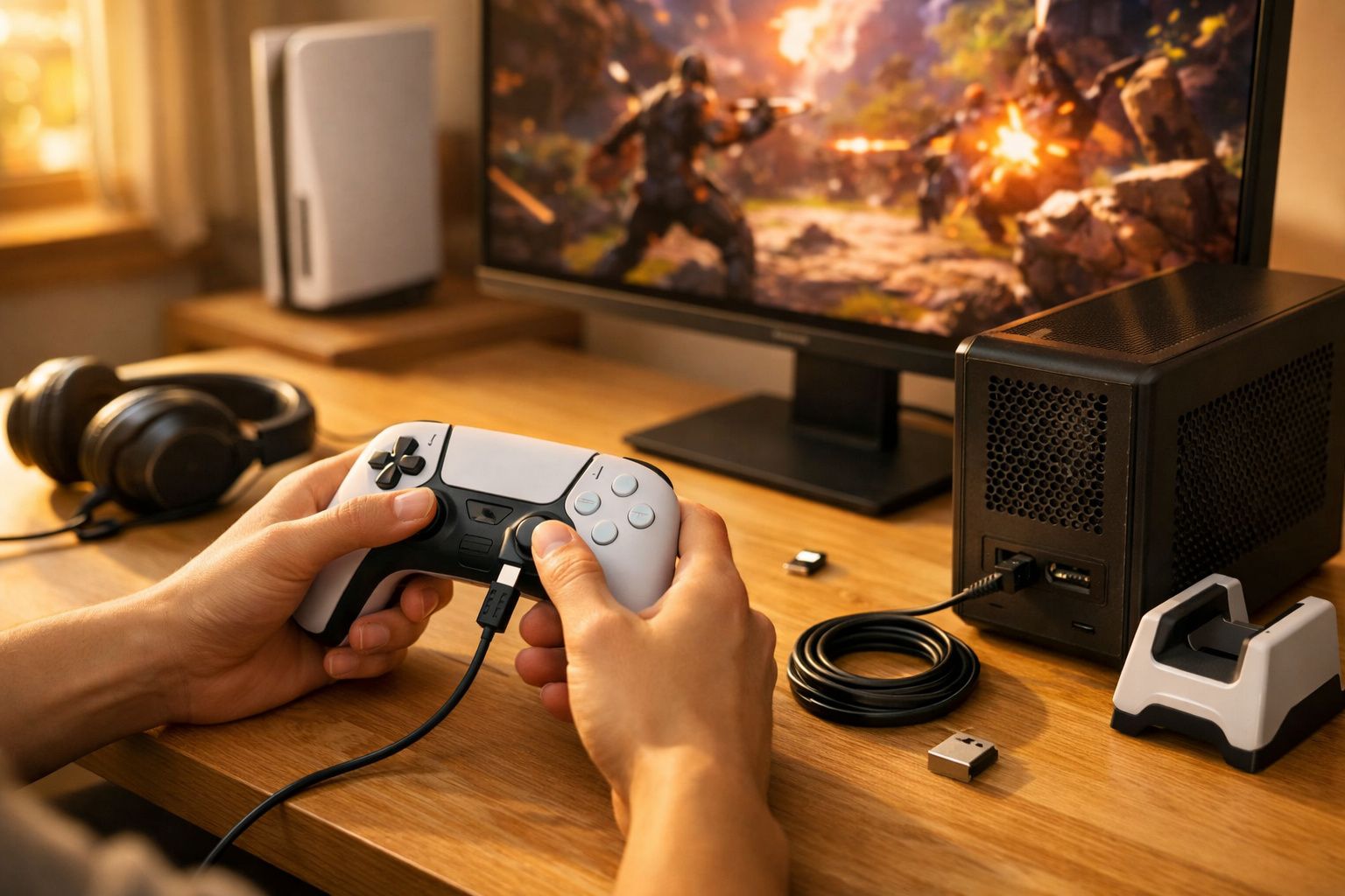 Pessoa a segurar comando de videojogo em frente a um computador, com teclado e monitor sobre uma secretária de madeira.