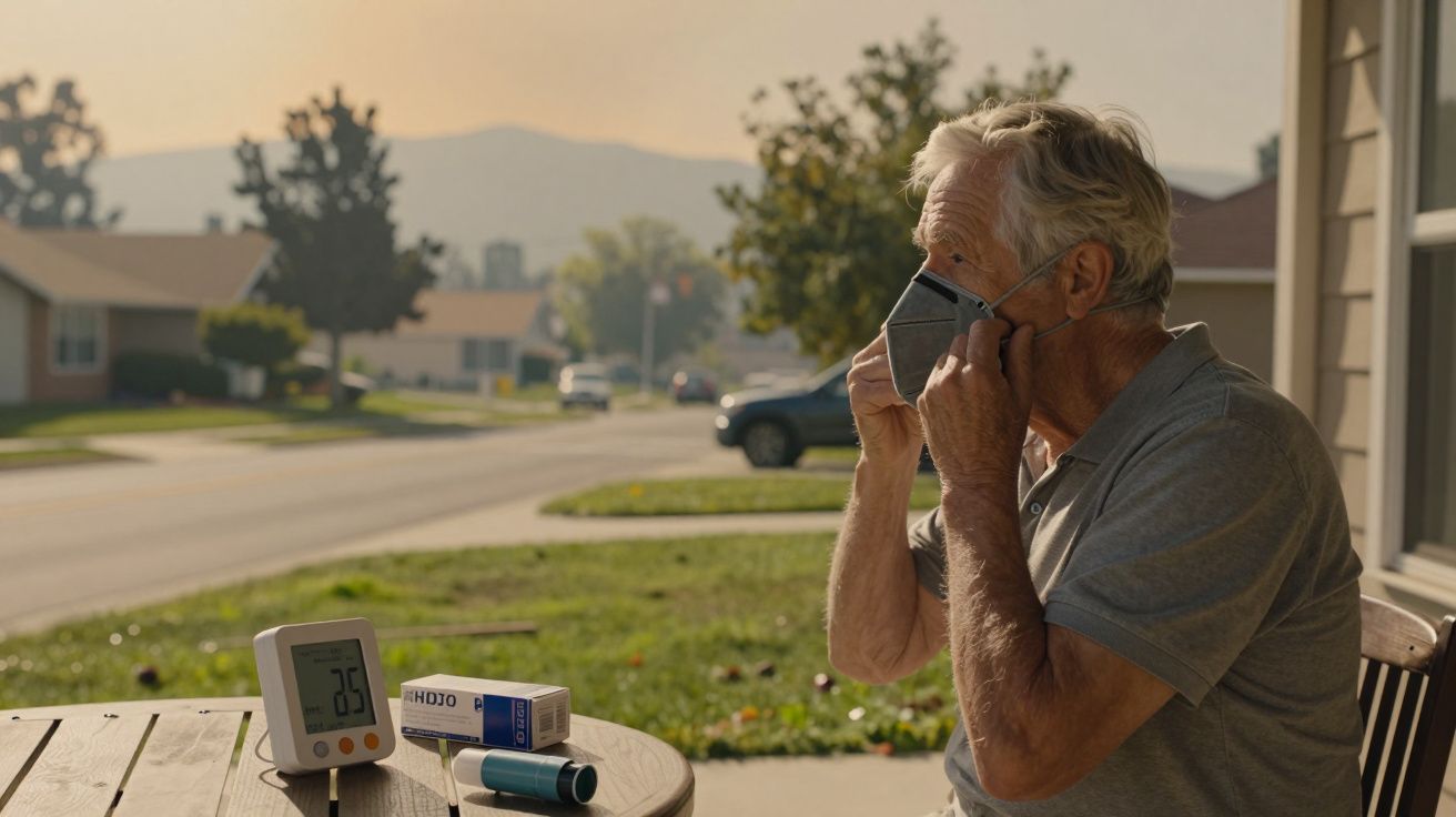 Homem idoso coloca máscara no rosto, ao ar livre, sentado em mesa com inalador e medidor de ar.