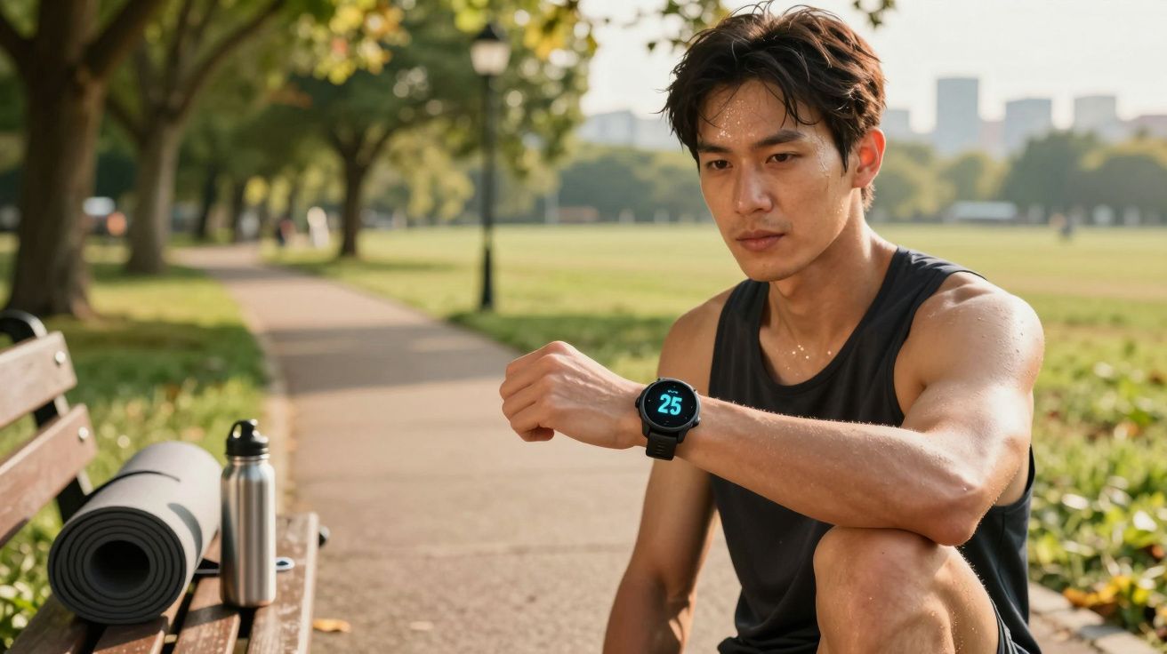 Homem sentado num banco de parque, verifica o relógio inteligente após exercício. Há um tapete de ioga e garrafa ao lado.