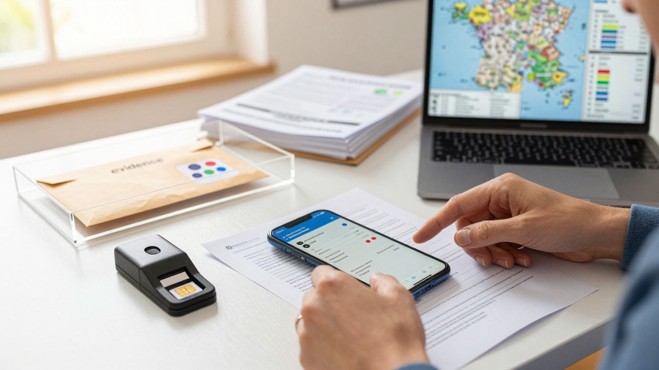 Pessoa a usar smartphone numa secretária com portátil, impressora e papéis, ao lado de dispositivo leitor de identidade.