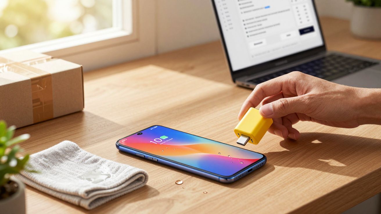 Mão segurando um dispositivo USB próximo a um smartphone sobre uma mesa de madeira, com um computador portátil ao fundo.