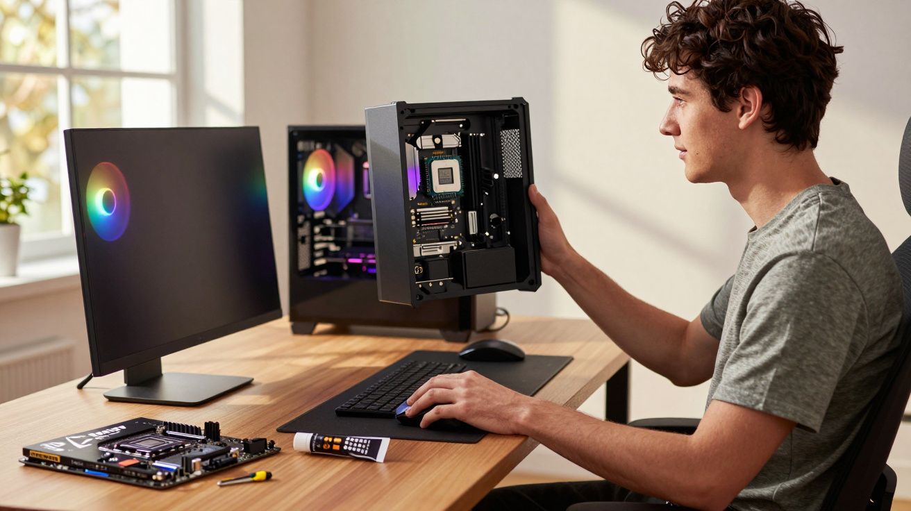 Homem a montar um computador numa secretária com componentes expostos ao lado de um monitor.