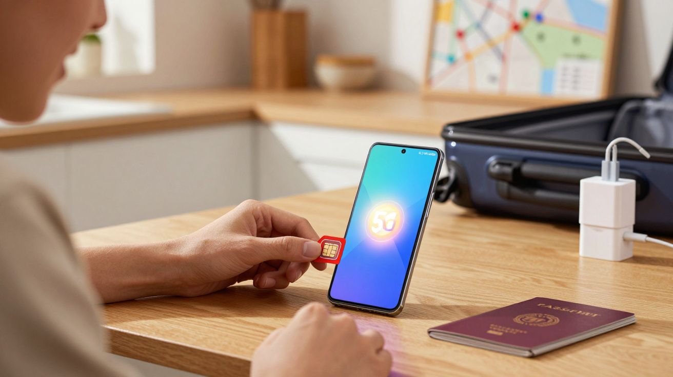 Pessoa insere cartão SIM num smartphone em cima de mesa, com passaporte e carregador ao lado.